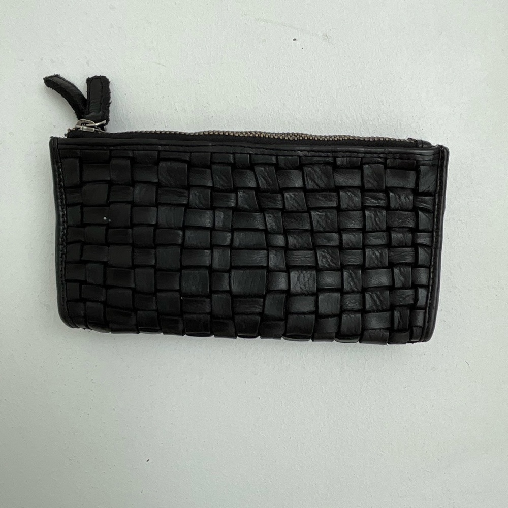 Vintage Black Woven Basket Weave Leather Snap Zipper Minimalist Classic Wallet